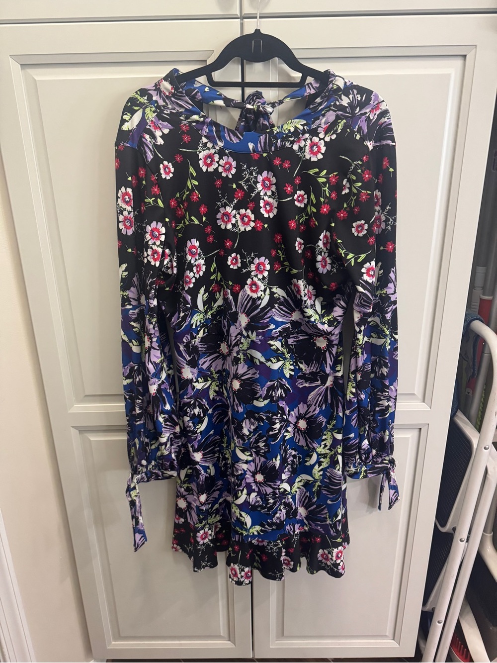 Hale Bob Mixed Floral Long Sleeve Mini Dress with Cutout Tie Back - Size L
